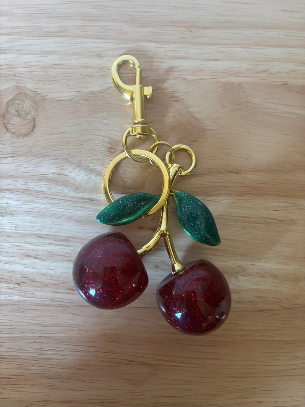 Sparkling Cherry Keychain with Gold Hardware and Green Leaves, Bag Charm